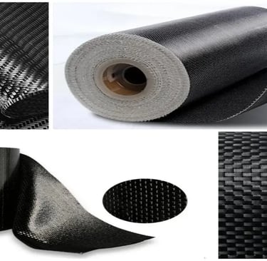 A collage showing rolls of black carbon fiber fabric with a distinct twill weave pattern for industrial use.