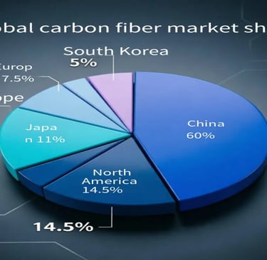 A 3D pie chart showing global carbon fiber market share with China leading at 60% followed by North America.