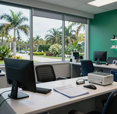 A high-end, professional medical billing office with clean desks and modern technology. Large windows overlooking a lush Florida landscape. Sophisticated atmosphere with charcoal navy and emerald green accents. North American / US.