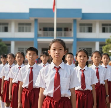 A group of Southeast Asian elementary students in white and red uniforms standing proudly in front of a modern school building with a flag pole, blue and white colors, bright morning sun.