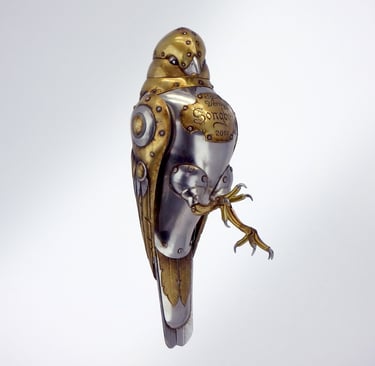 Igor Verny brass and silver steampunk metal bird sculpture, small metal sculpture of a bird,