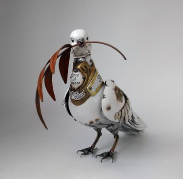 Igor Verny white steampunk metal bird sculpture with leaves, small bird, metal sculpture