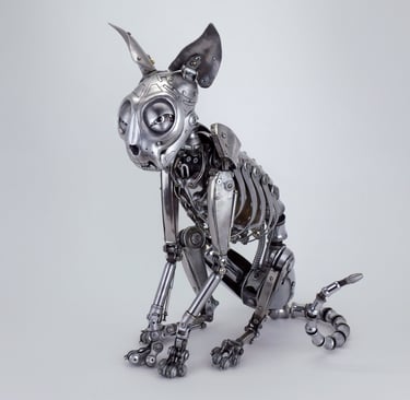 Igor Verny steampunk metal dog sculpture, small metal sculpture of a skeleton dog