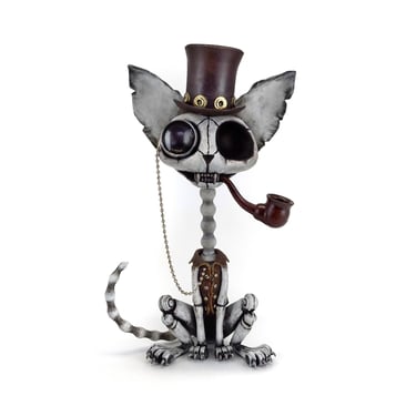 Igor Verny metal sculpture, steampunk skeleton cat