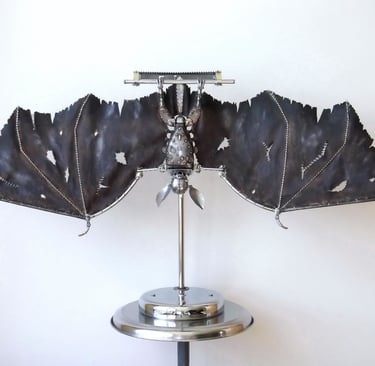 Igor Verny steampunk bat sculpture on pedestal, metal sculpturel