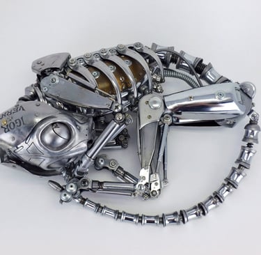 Igor Verny sleeping dog, metal sculpture, steam punk sleeping dogsculpture, skeleton, dog sculpture