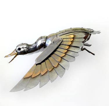 Igor Verny brass and silver steampunk flying bird, small metal sculpture