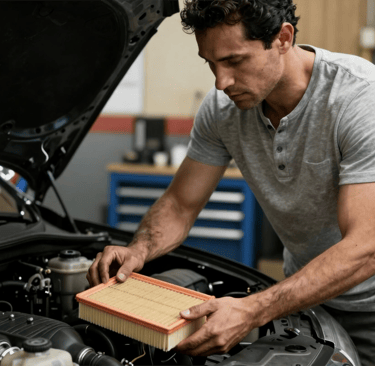 Professional technician installing ORGL passenger car air filter for engine protection