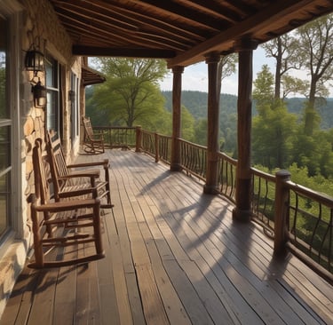 A calm front porch with a wooden rocking chair beside a mature tree, bathed in soft natural light.
