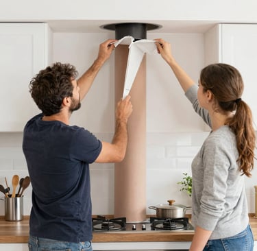 A sleek, modern kitchen chimney installed above a stove with warm lighting highlighting its design.