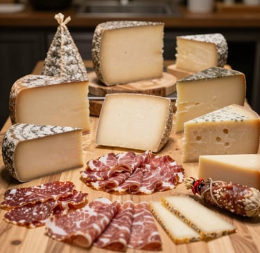 Gourmet charcuterie board featuring various artisanal cheeses and cured meats on a wooden platter.