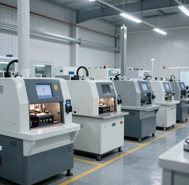 A forklift lifting heavy machinery parts inside a bright industrial facility.