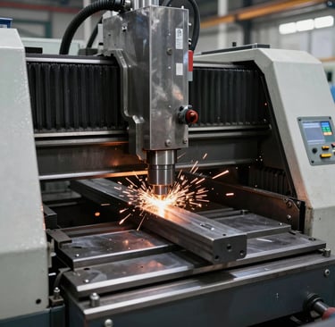 A detailed view of a lathe machine with freshly machined metal pieces nearby.