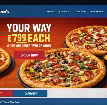 Captura de pantalla de la web de Domino’s Pizza con una oferta de pizzas a 7,99 euros, botones para 