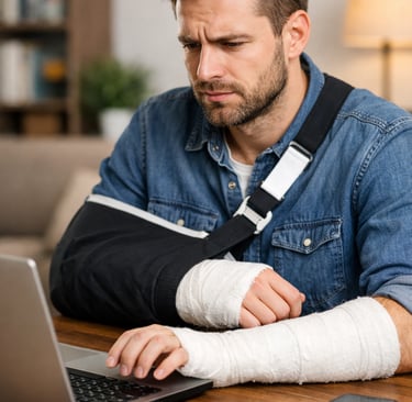 Hombre con ambos brazos escayolados usando un ordenador portátil con dificultad