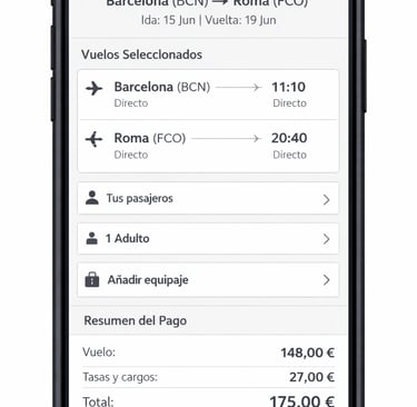Pantalla de reserva de un billete de avión en Vueling con los vuelos seleccionados, datos del pasaje