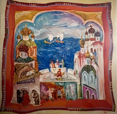 pintura de maría plakhova sobre un pañuelo ruso