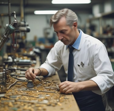 An artisan's hands delicately setting diamonds into a gold necklace.