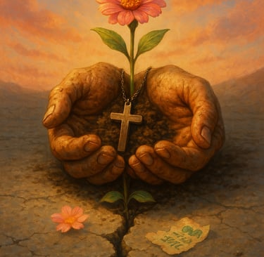 Hands holding soil with a blooming pink flower and a gold cross necklace over parched earth at sunset.