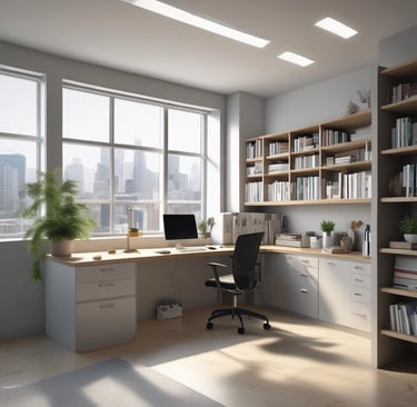 A commercial office space with spotless floors and gleaming glass partitions.