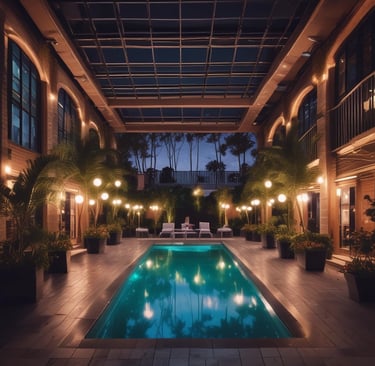 Outdoor party setup by the pool with festive decorations and seated guests at Monte Kurumi Eventos.