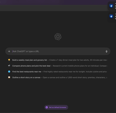 ChatGPT Atlas browser homepage showing search bar and personalized suggestions for new tab