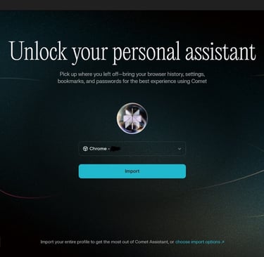 Import browser data from Chrome to Comet browser setup screen