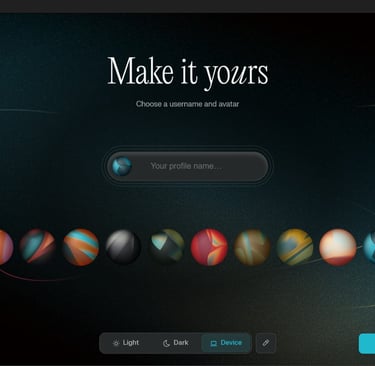 Comet browser profile customization screen with username and avatar selection