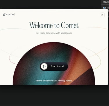 Comet browser Welcome to Comet installation screen with start install button