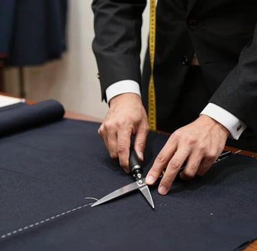 Close-up of a tailor carefully adjusting the sleeve of a men's suit jacket in a cozy workshop.