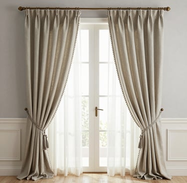 A cozy living room window framed by custom curtains with elegant pleats and subtle texture.