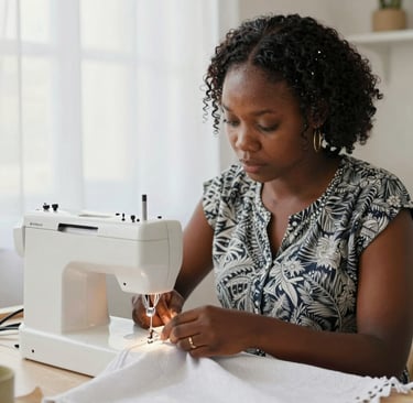 Artisan sewing machine in action, stitching thick curtain fabric with precision and care.