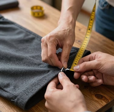 Hands skillfully hemming a pair of men's trousers with detailed stitching under warm lighting.