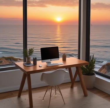 Modern home office with a wooden desk and ocean view window at sunset.