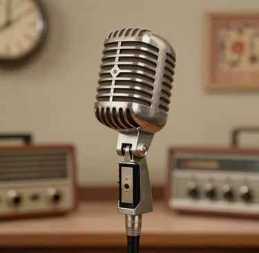 A close-up of a vintage radio dial glowing warmly in a dimly lit studio.