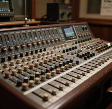 An old-fashioned microphone standing proudly against a backdrop of wooden panels.