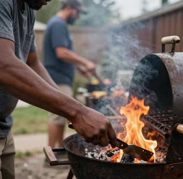A man uses a metal spatula to grill food over a flaming charcoal BBQ in a backyard.