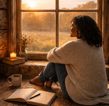 a woman sitting on a wooden floor in a cabin