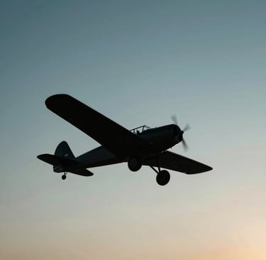 A silhouette of a classic 1930s aircraft banking during a sunset flight. The sky is a dramatic gradient of #5D6D7E blue and #F8F8F8 haze. The aircraft itself is a dark, sharp outline in #1C2833. Cinematic composition, emphasizing the heritage and grace of flight.