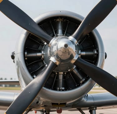 A close-up, artistic shot of a radial engine on a vintage propeller plane. The polished steel components catch the light, showing textures of #B2BEB5 and deep shadows in #1C2833. The background is a soft, out-of-focus airfield under a #5D6D7E sky. Sophisticated and high-detail photography style.
