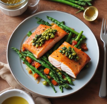 Salmon glaseado con mermelada de pimientos naranja