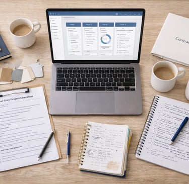 Organized Home Remodel Planning Desk with laptop and notes