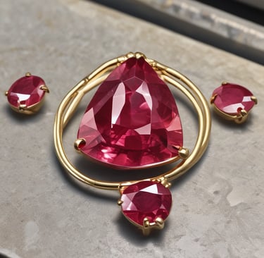 Elegant gold pendant and stud earrings set featuring faceted trillion-cut pink ruby gemstones.