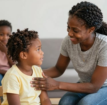 black lady showing supports to autistic child