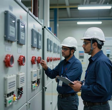 Professional B2B electrical engineering setting, a modern substation in India, crisp technical alignment, authoritative, South Asian engineers in protective helmets inspect a panel. High professional, industrial-grade, cinematic lighting, corporate style, deep blue and slate grey tones, photography.