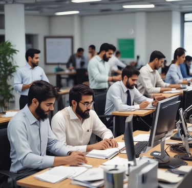 A group of young professionals discussing career opportunities in an office setting.