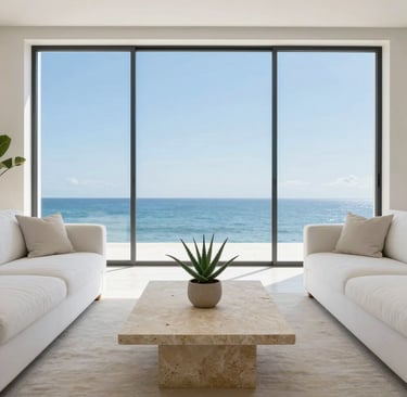 Modern minimalist living room with white sofas and a large glass window overlooking the ocean.