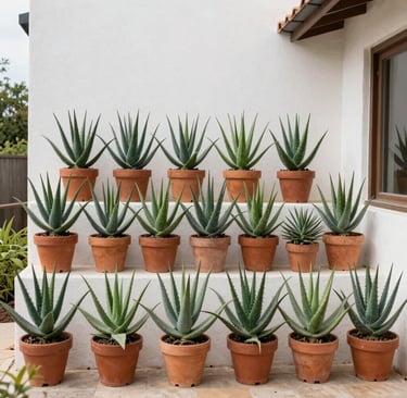 Rows of aloe vera succulent plants in terracotta pots arranged on white steps outside a house.