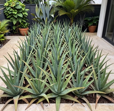 Rows of spiky green aloe vera plants growing in a modern stone planter in a lush tropical garden.