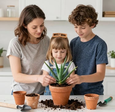 A mother and two children planting a green aloe vera succulent in a terracotta pot indoors.